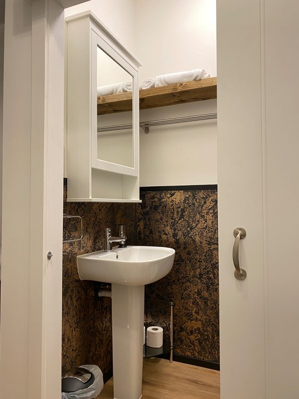 Wastafel in de badkamer met spiegelkast erboven en een donkere wand met steenlook
