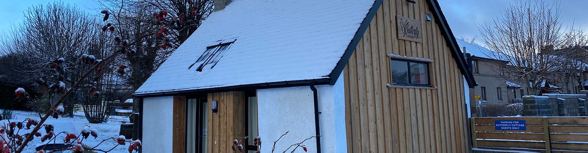 De cottage in de sneeuw, met het leien dak en de lariksbekleding wit bestoven